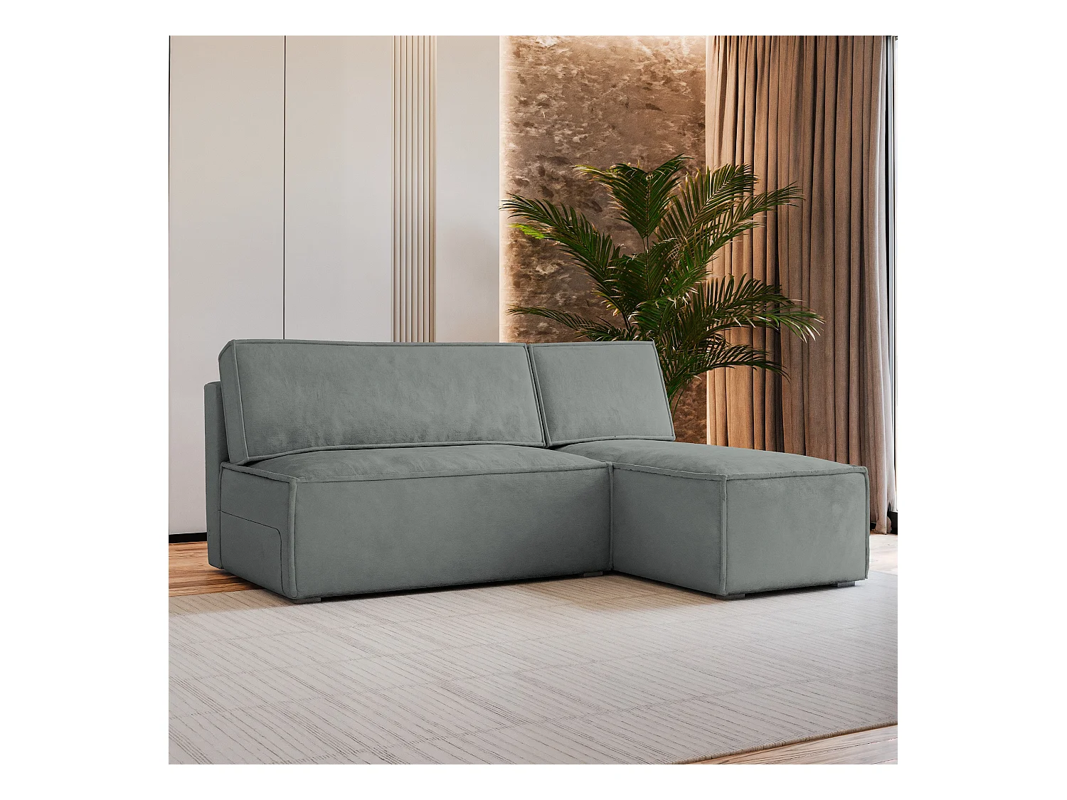 Canapé d'angle BRISO Gris en velours avec fonction de couchage