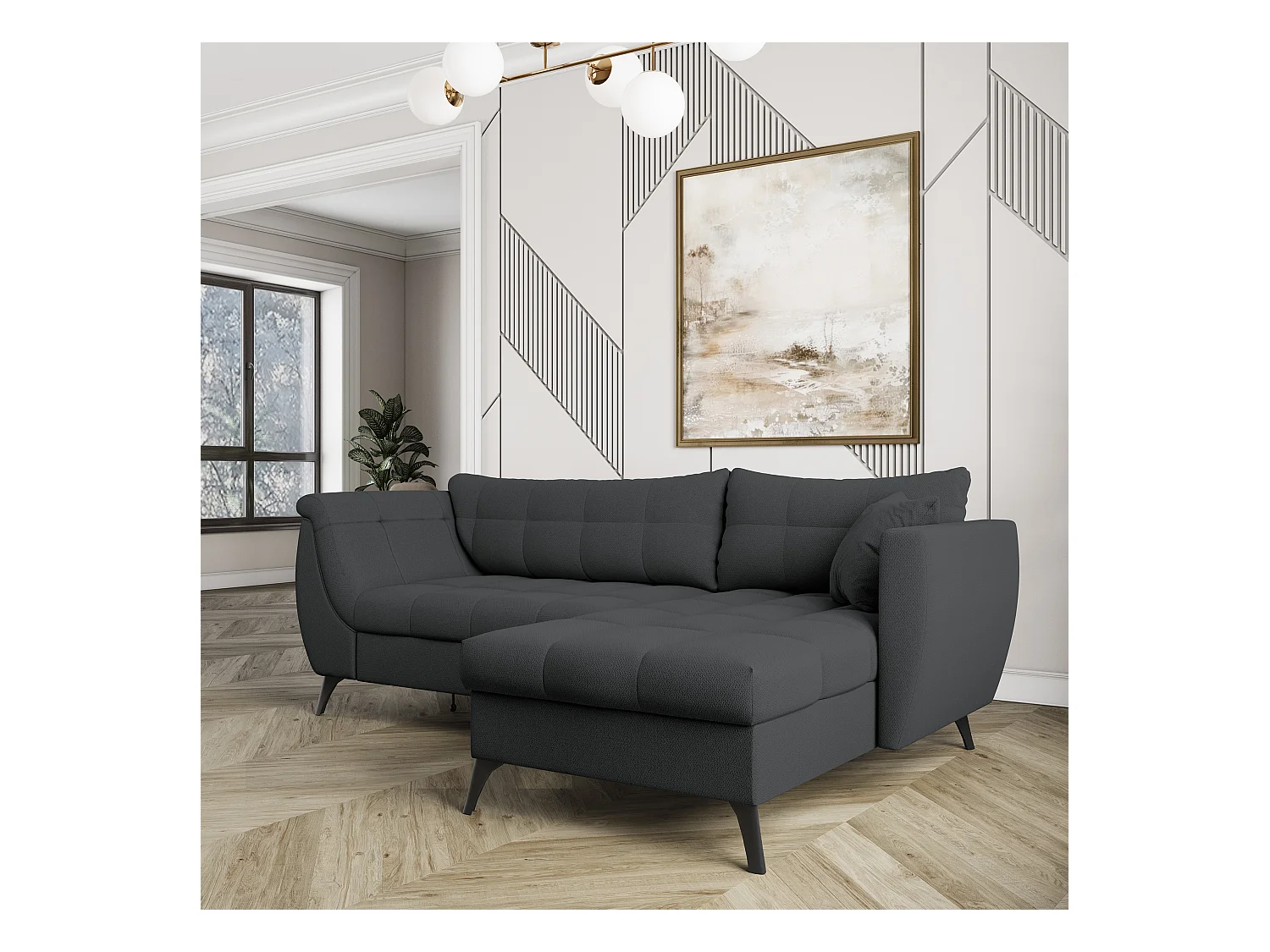 Canapé d'angle MOLLIS Gris anthracite en tissu texturé avec fonction de couchage