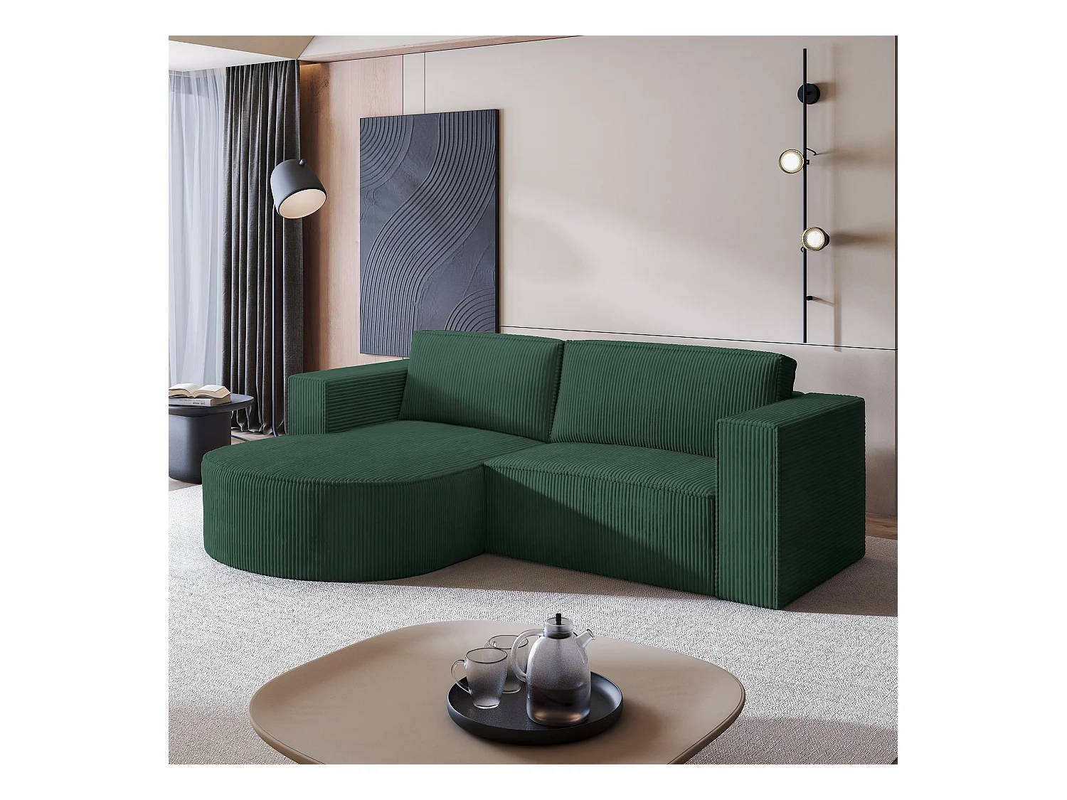 Canapé d'angle SORELA Vert en velours côtelé avec fonction de couchage