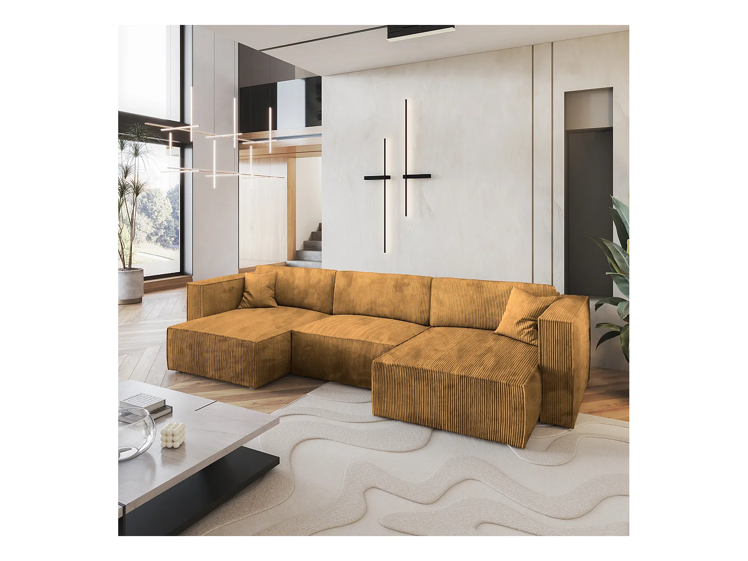 Canapé d'angle SARMO Jaune en velours côtelé avec fonction de couchage