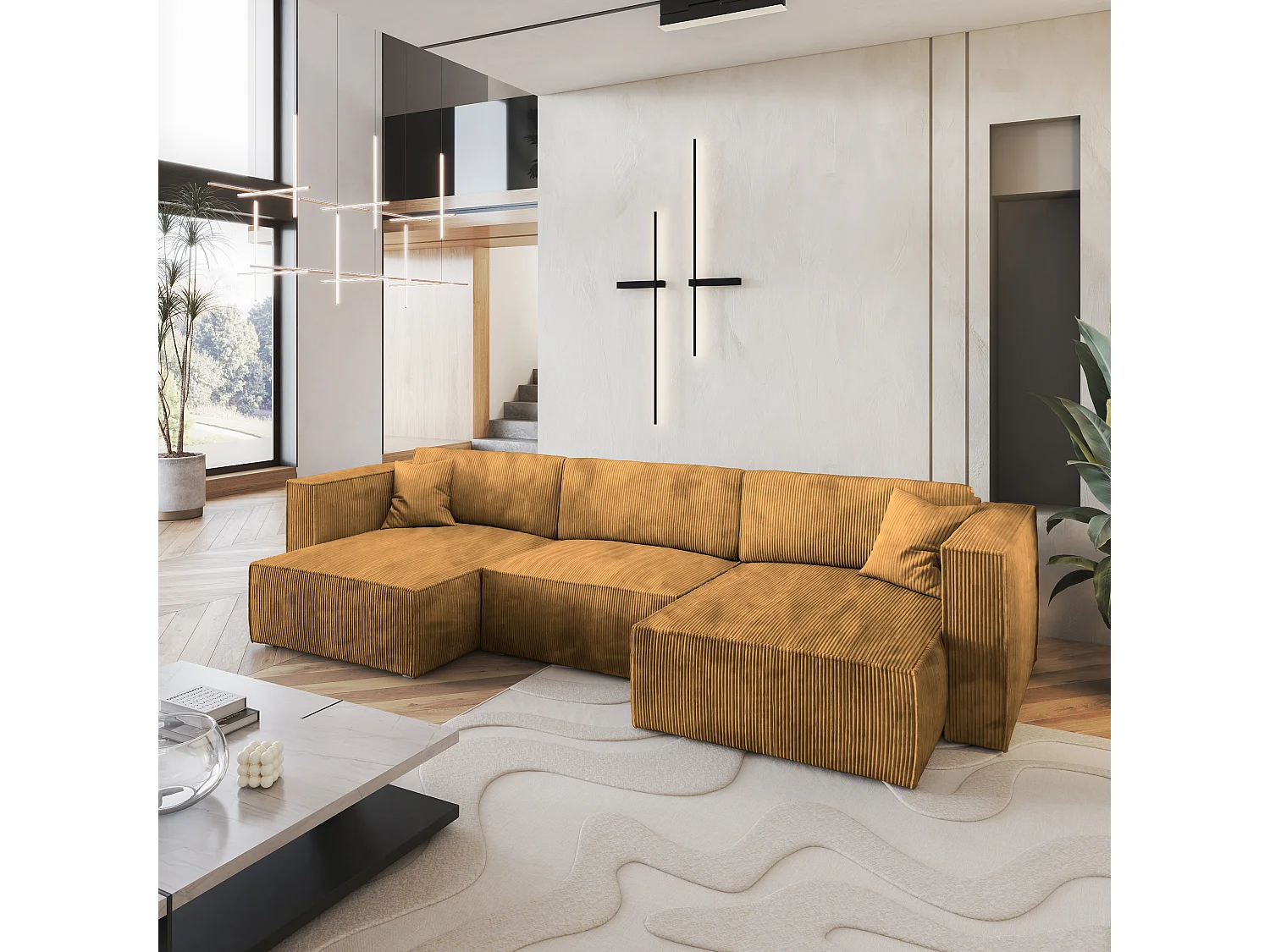 Canapé d'angle SARMO Jaune en velours côtelé avec fonction de couchage