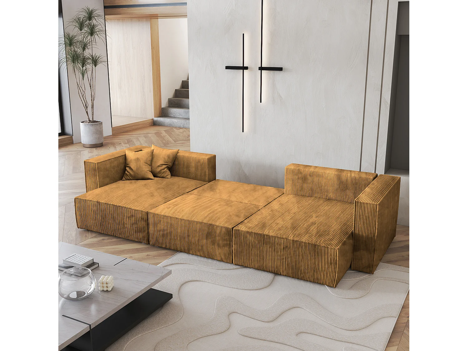 Canapé d'angle SARMO Jaune en velours côtelé avec fonction de couchage