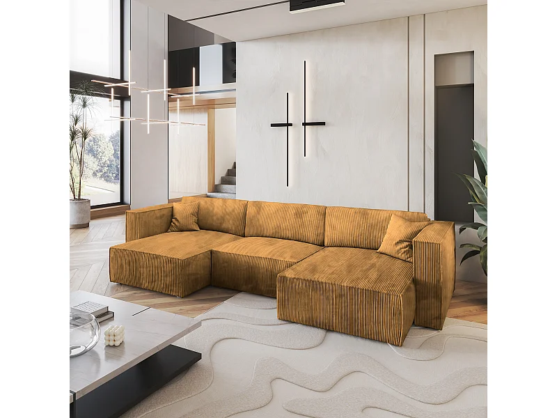 Canapé d'angle SARMO Jaune en velours côtelé avec fonction de couchage