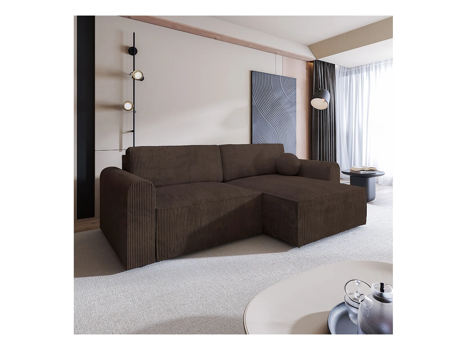 Canapé d'angle FIANO Marron en velours côtelé avec fonction de couchage