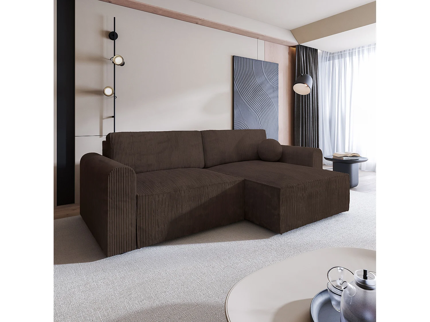 Canapé d'angle FIANO Marron en velours côtelé avec fonction de couchage