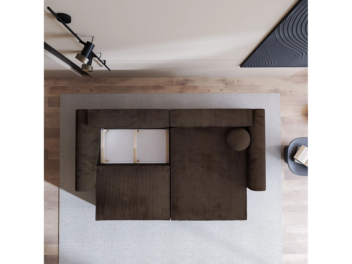 Canapé d'angle FIANO Marron en velours côtelé avec fonction de couchage