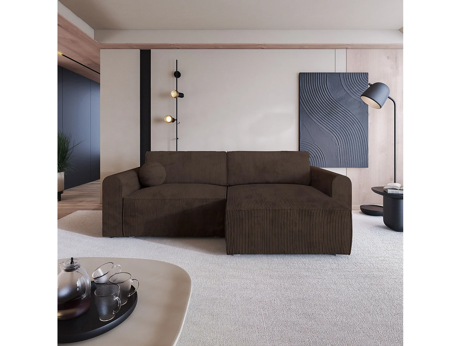 Canapé d'angle FIANO Marron en velours côtelé avec fonction de couchage