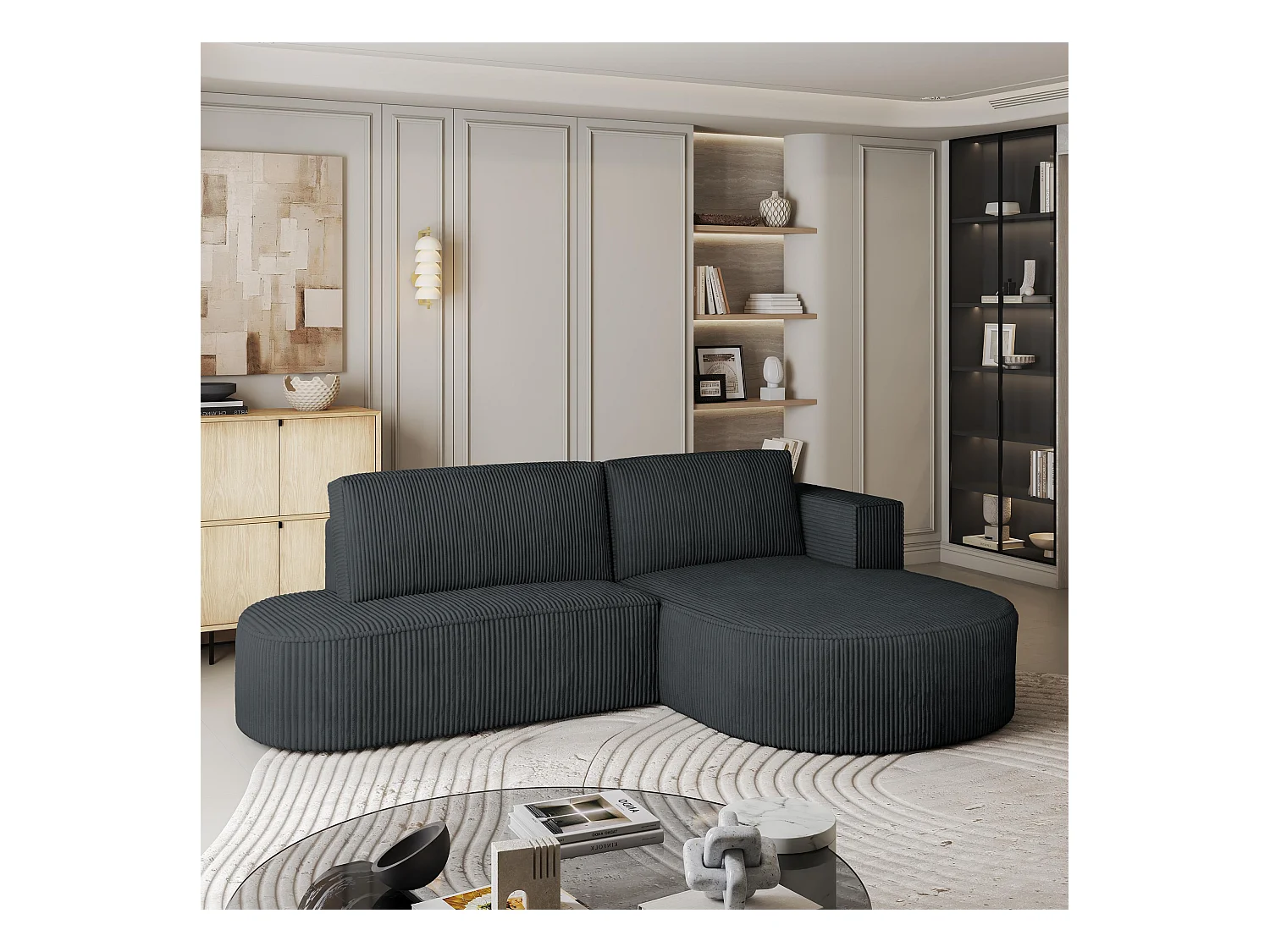Canapé d'angle CORTIO Gris anthracite en velours côtelé avec fonction de couchage