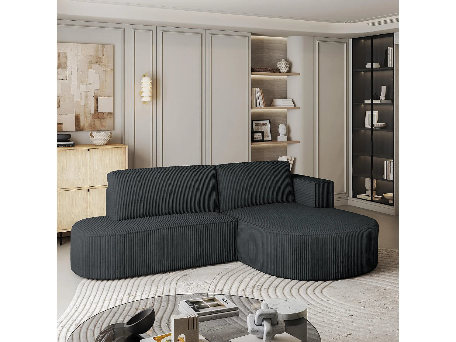 Canapé d'angle CORTIO Gris anthracite en velours côtelé avec fonction de couchage