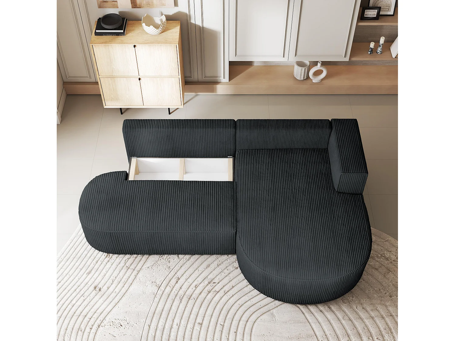 Canapé d'angle CORTIO Gris anthracite en velours côtelé avec fonction de couchage