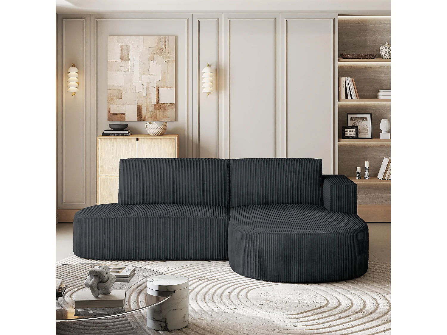 Canapé d'angle CORTIO Gris anthracite en velours côtelé avec fonction de couchage