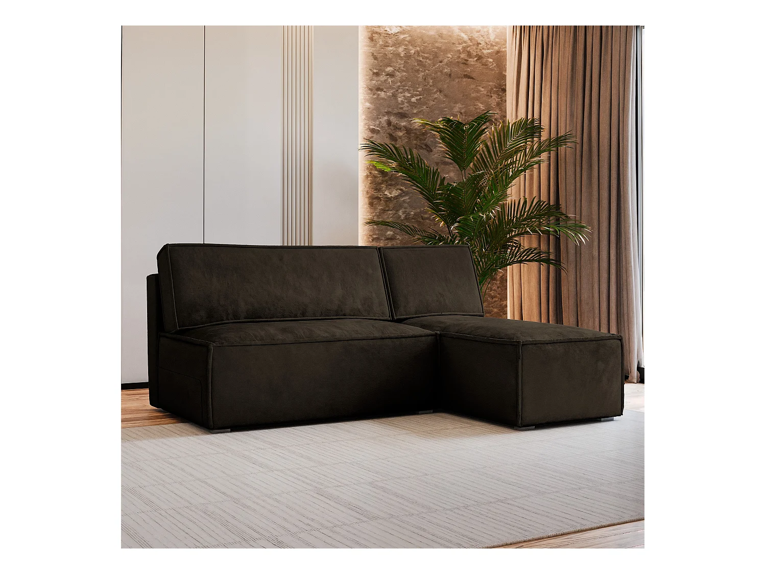 Canapé d'angle BRISO Marron en velours avec fonction de couchage