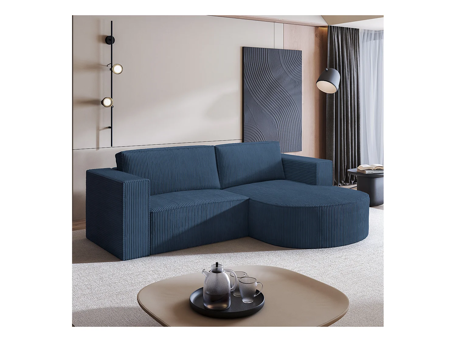 Canapé d'angle SORELA Bleu en velours côtelé avec fonction de couchage