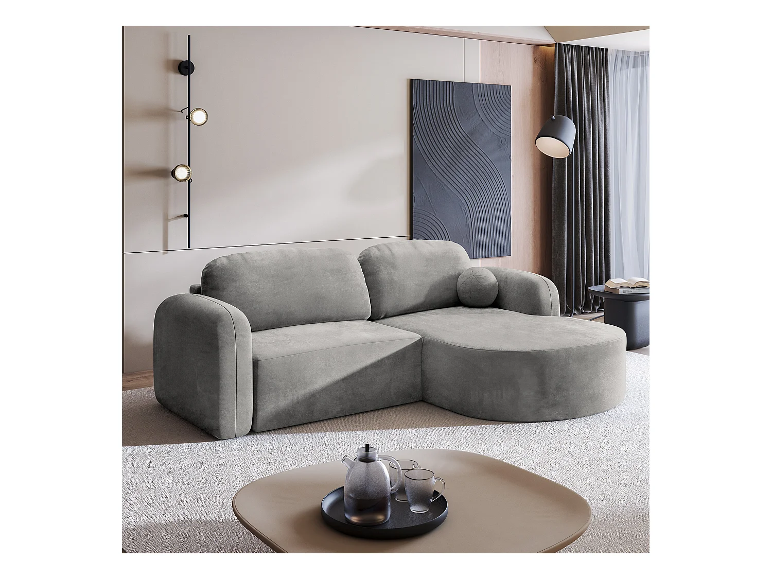 Canapé d'angle AMILIA Gris clair en velours avec fonction de couchage