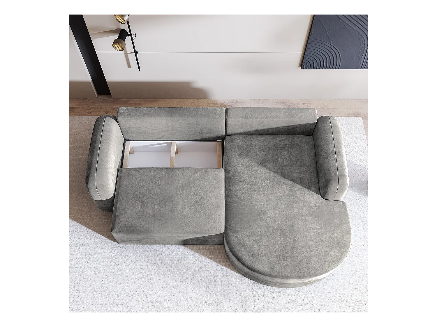 Canapé d'angle AMILIA Gris clair en velours avec fonction de couchage