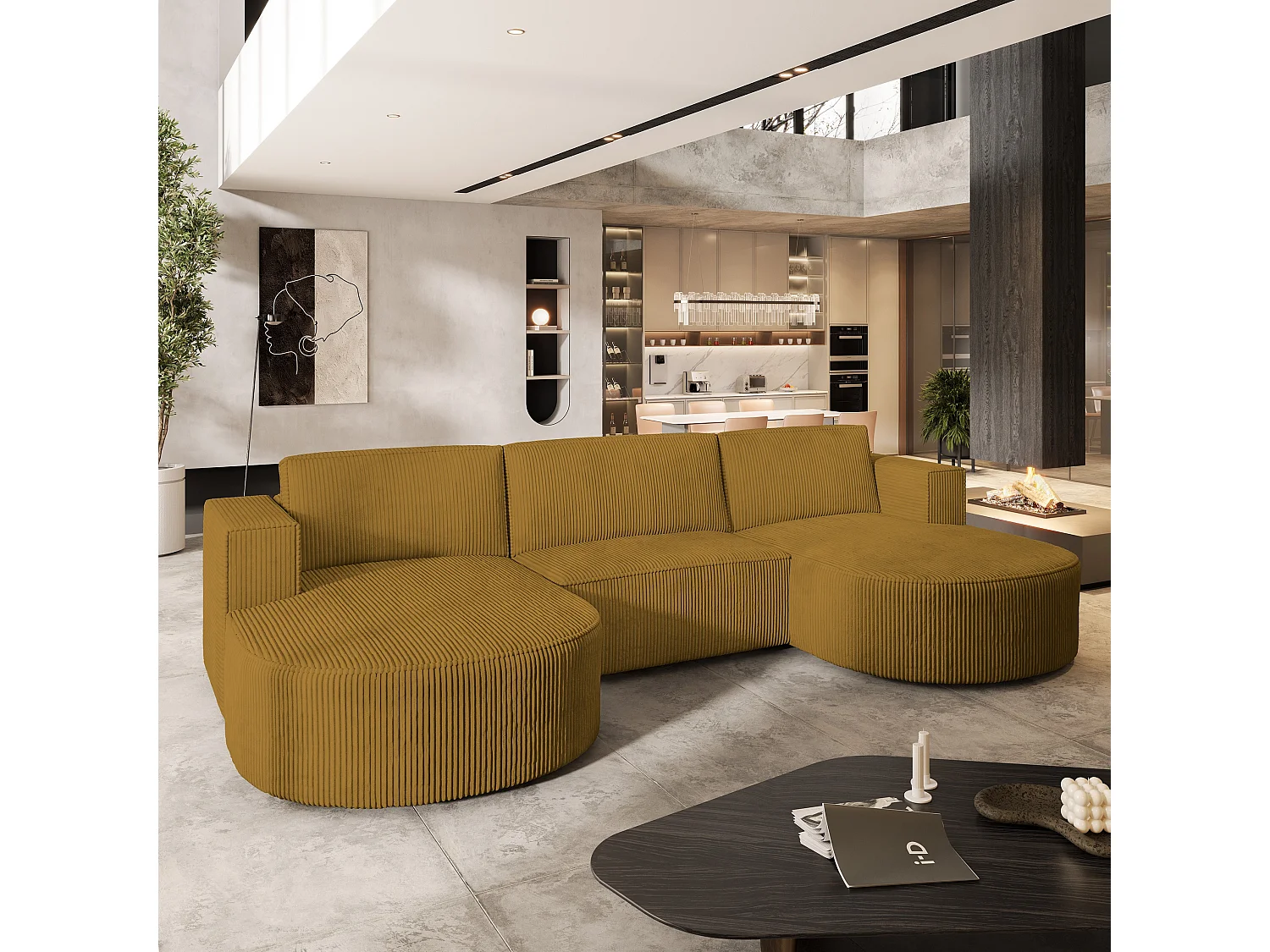 Canapé d'angle VEZZO Jaune en velours côtelé avec fonction de couchage