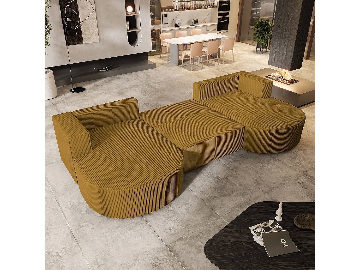 Canapé d'angle VEZZO Jaune en velours côtelé avec fonction de couchage