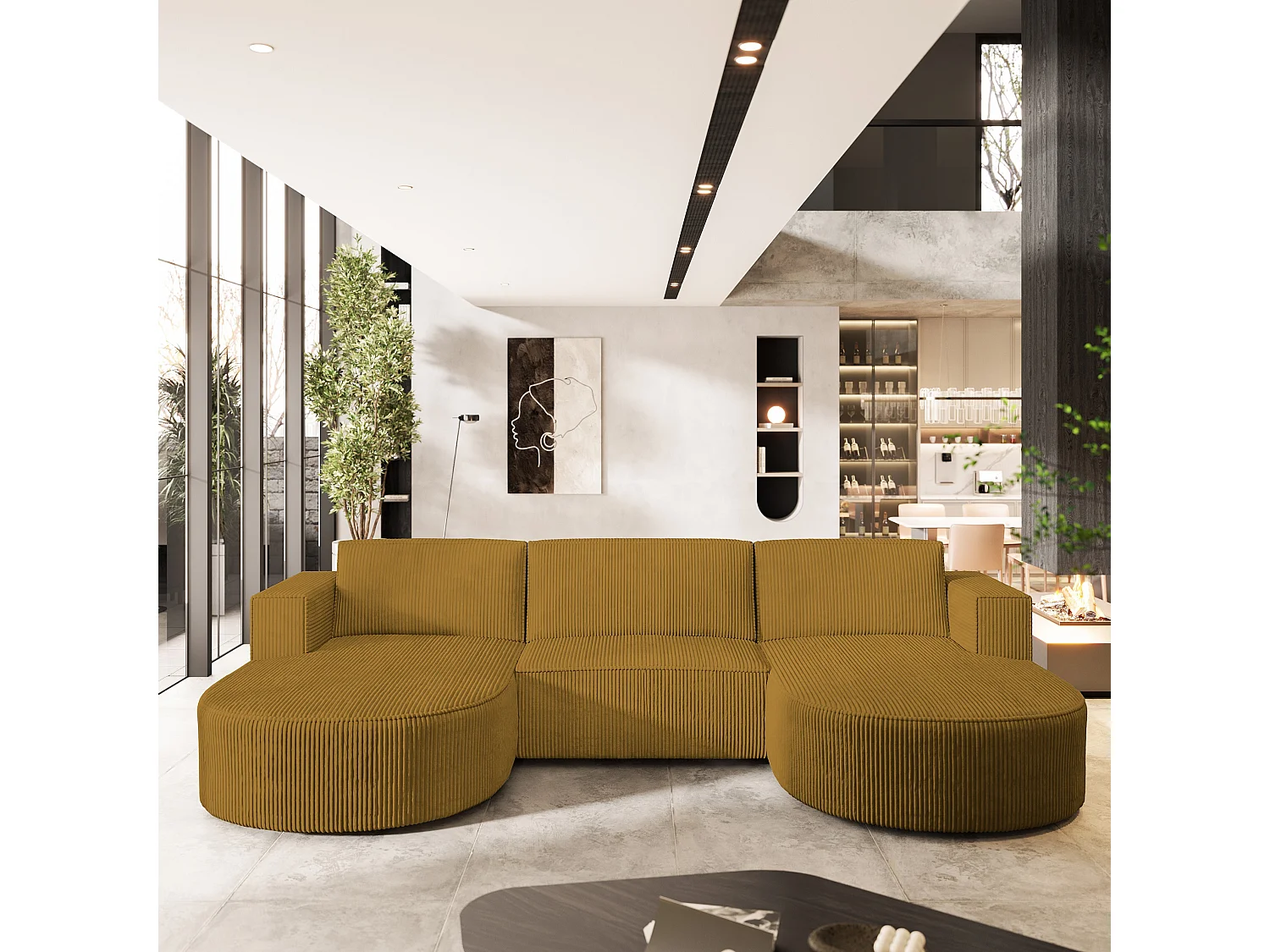 Canapé d'angle VEZZO Jaune en velours côtelé avec fonction de couchage