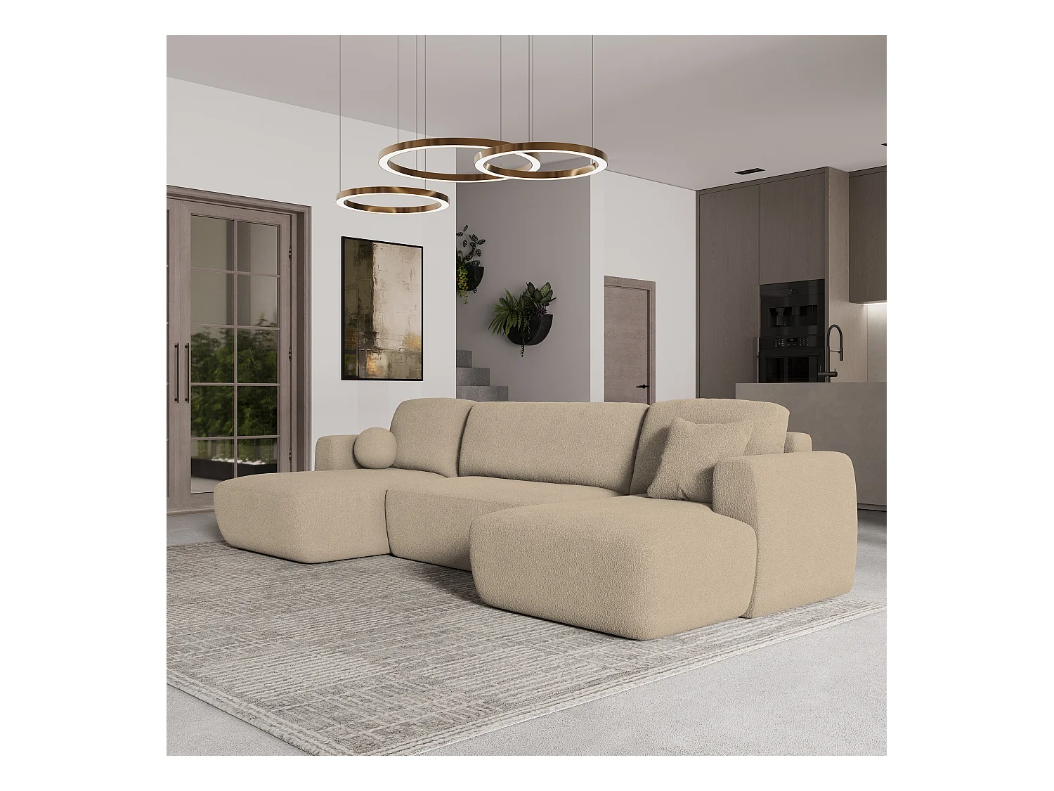 Canapé d'angle SENTUM Crème en bouclé avec fonction de couchage