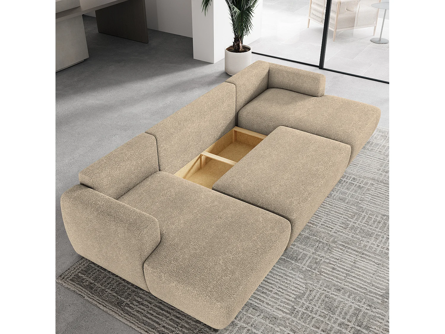 Canapé d'angle SENTUM Crème en bouclé avec fonction de couchage