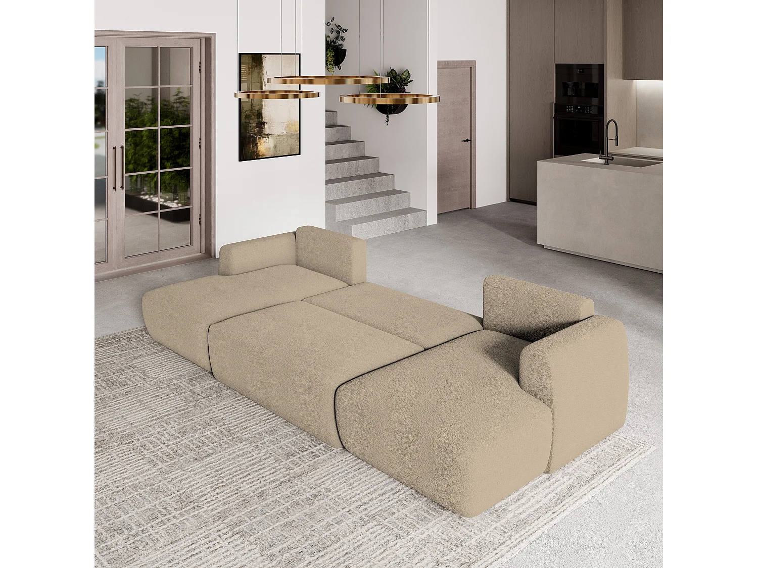 Canapé d'angle SENTUM Crème en bouclé avec fonction de couchage