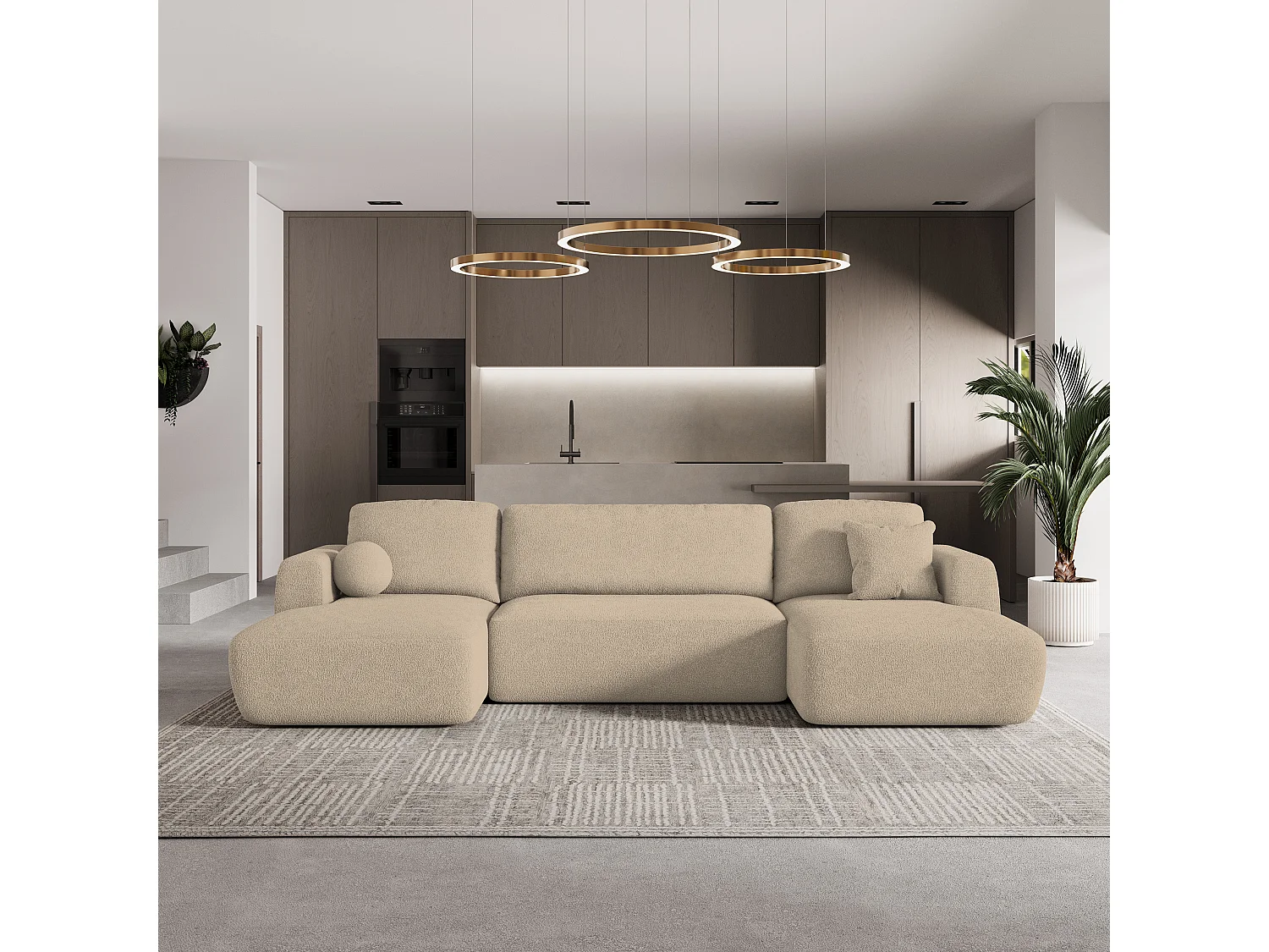 Canapé d'angle SENTUM Crème en bouclé avec fonction de couchage