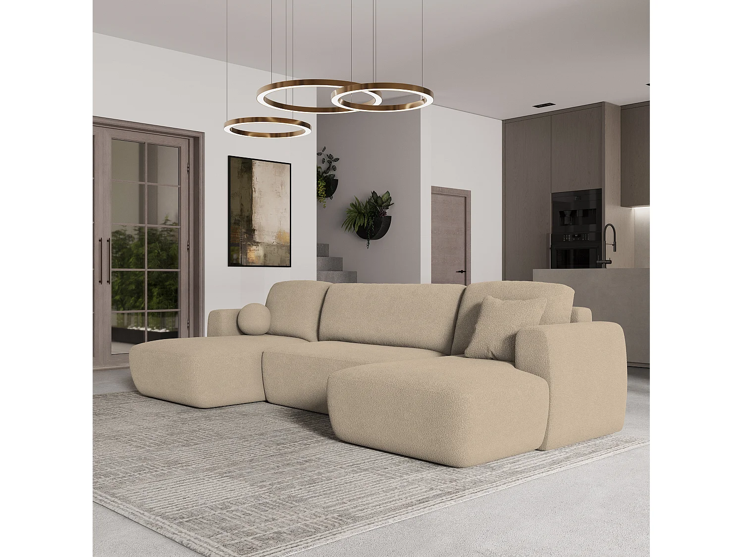 Canapé d'angle SENTUM Crème en bouclé avec fonction de couchage