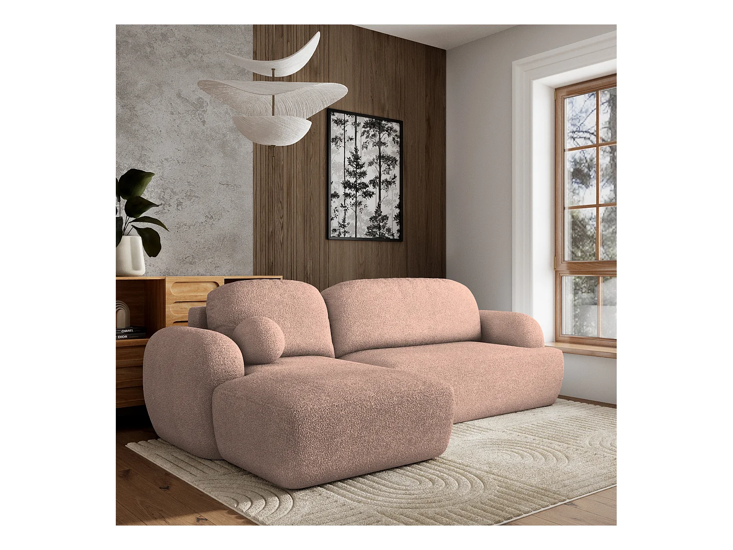 Canapé d'angle MODENZA Rose poudré en bouclé avec fonction de couchage