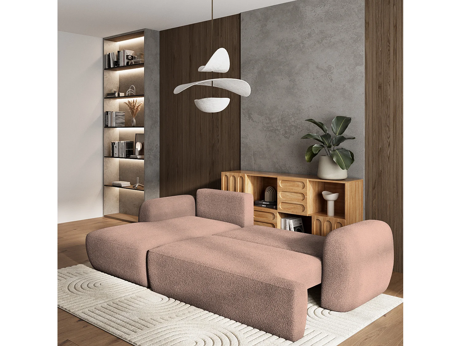 Canapé d'angle MODENZA Rose poudré en bouclé avec fonction de couchage