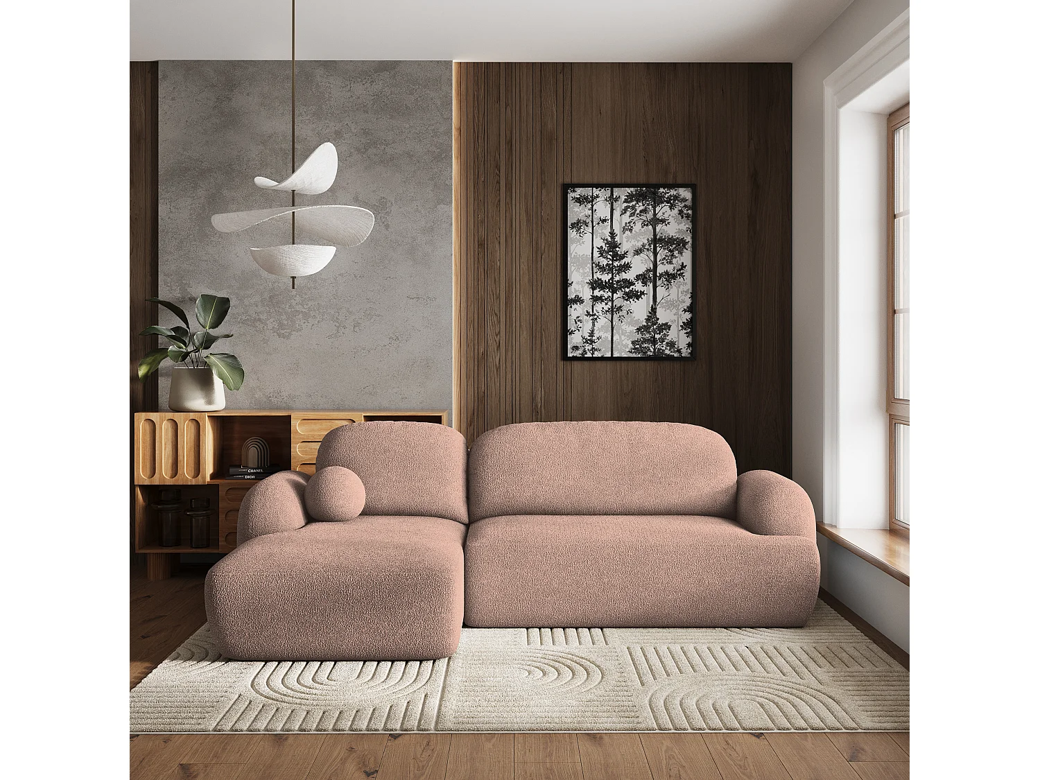 Canapé d'angle MODENZA Rose poudré en bouclé avec fonction de couchage