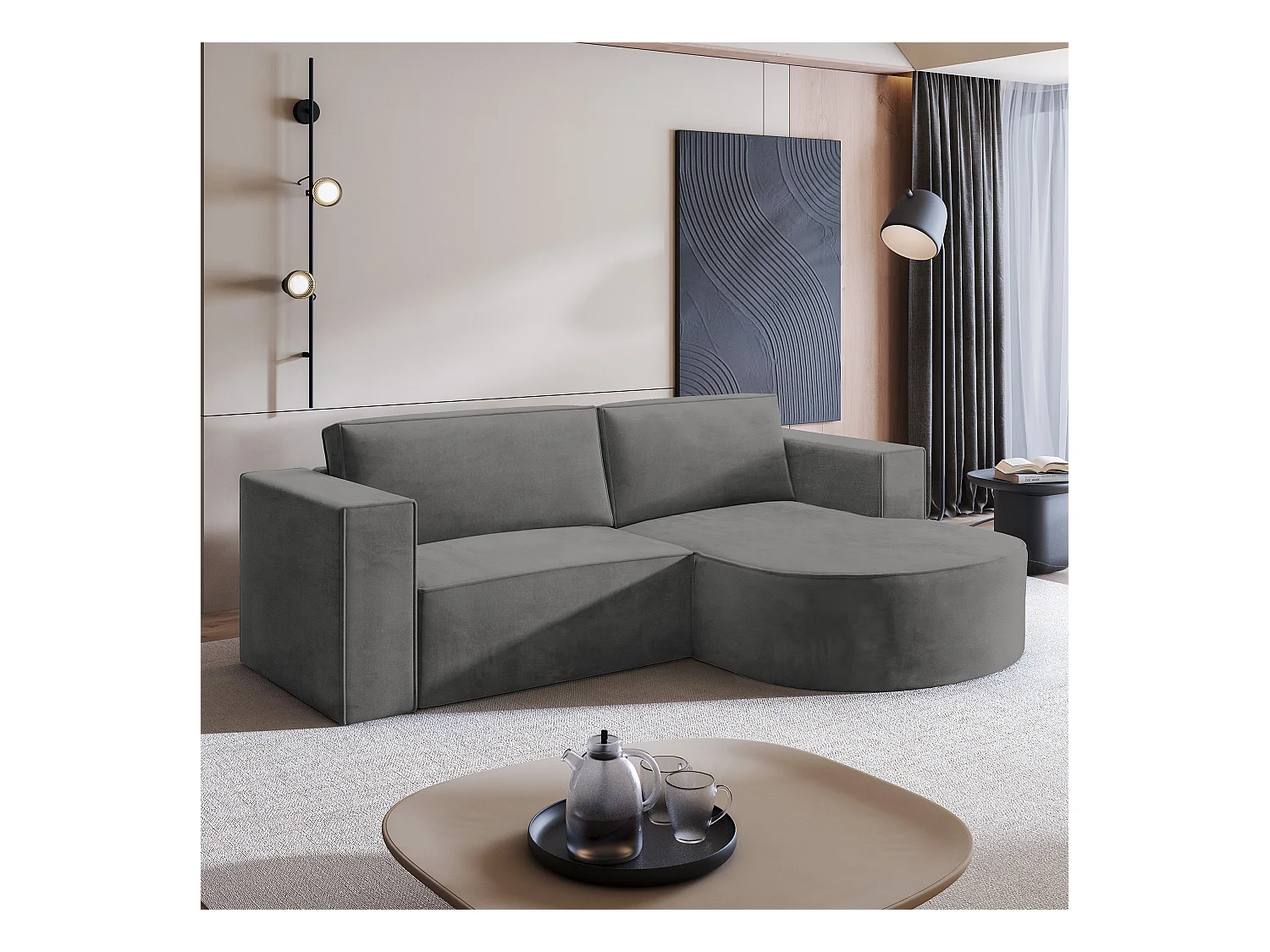 Canapé d'angle SORELA Gris en velours avec fonction de couchage