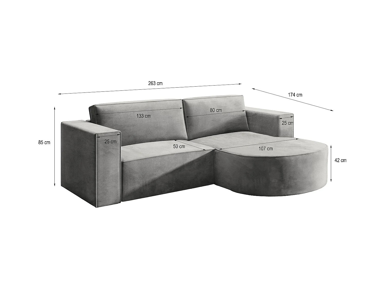 Canapé d'angle SORELA Gris en velours avec fonction de couchage