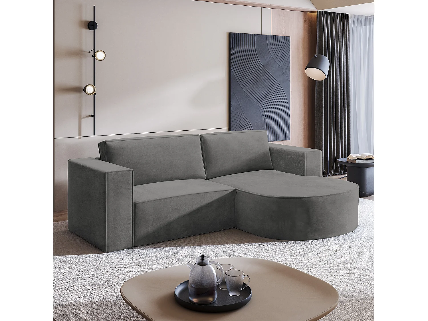 Canapé d'angle SORELA Gris en velours avec fonction de couchage