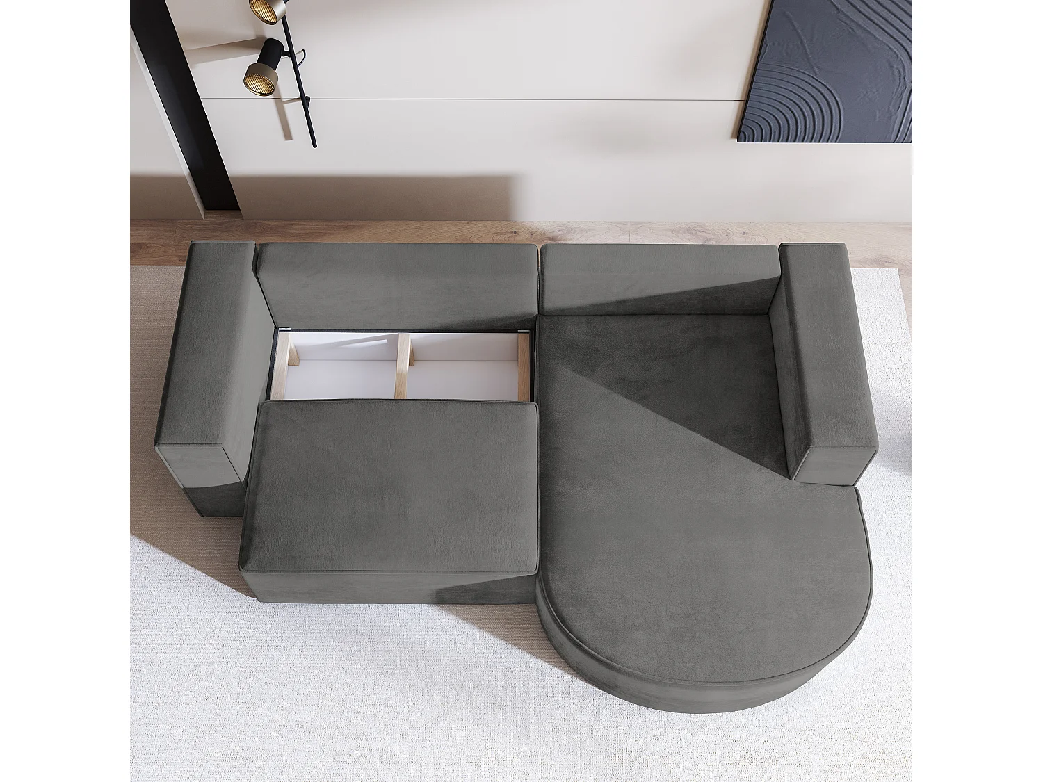 Canapé d'angle SORELA Gris en velours avec fonction de couchage