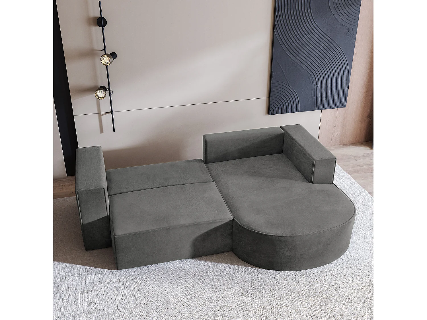 Canapé d'angle SORELA Gris en velours avec fonction de couchage