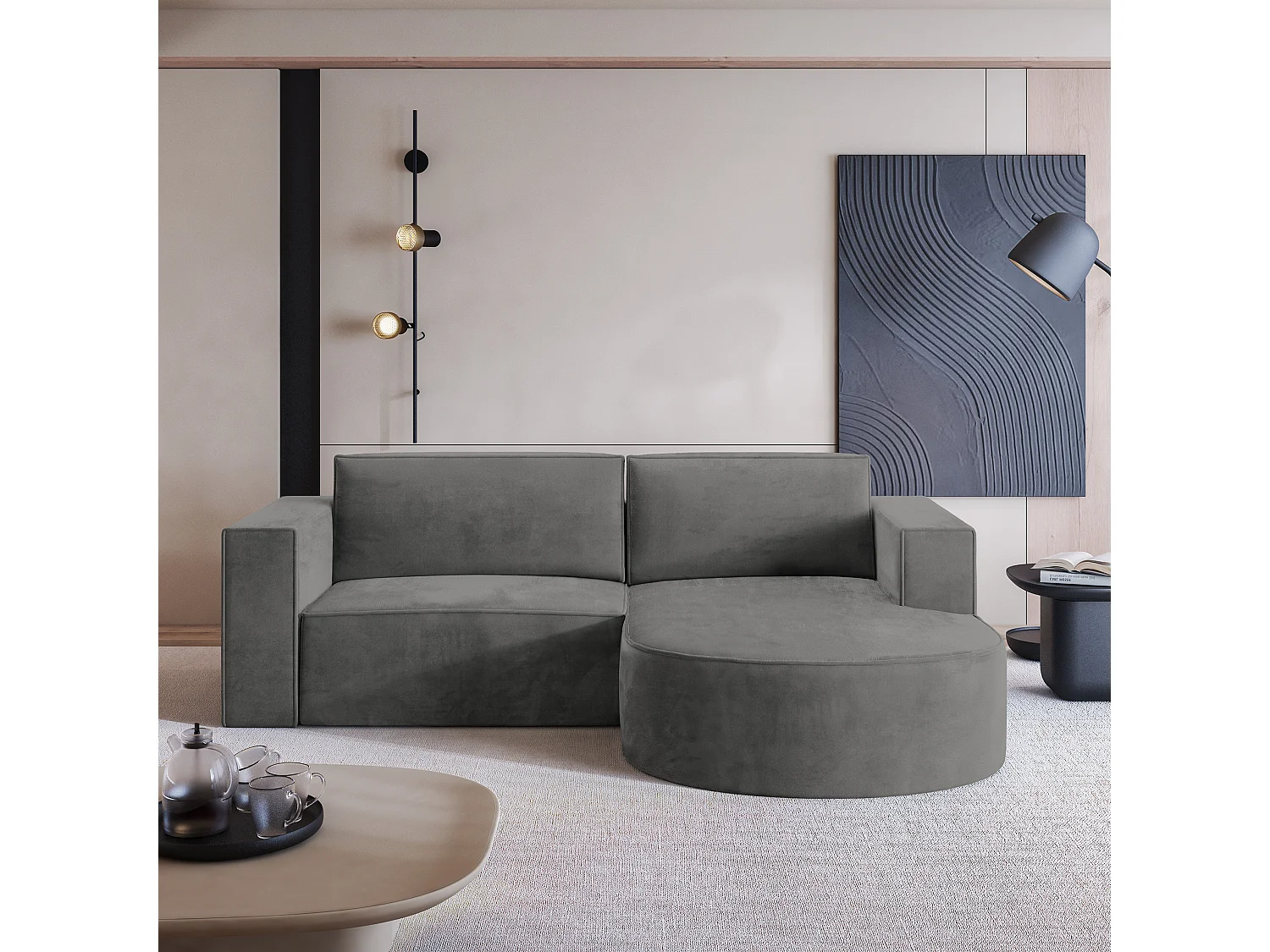 Canapé d'angle SORELA Gris en velours avec fonction de couchage