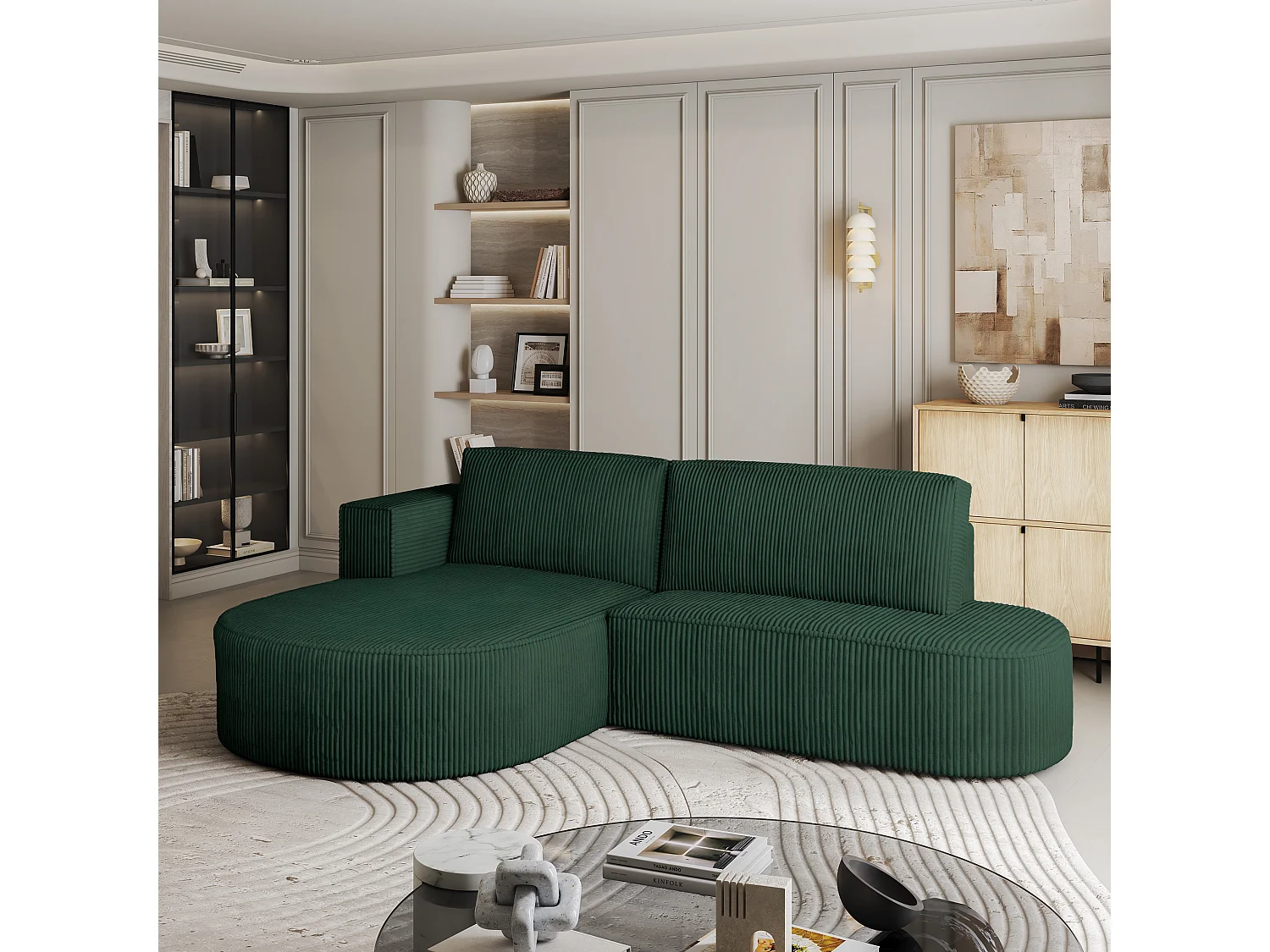 Canapé d'angle CORTIO Vert en velours côtelé avec fonction de couchage