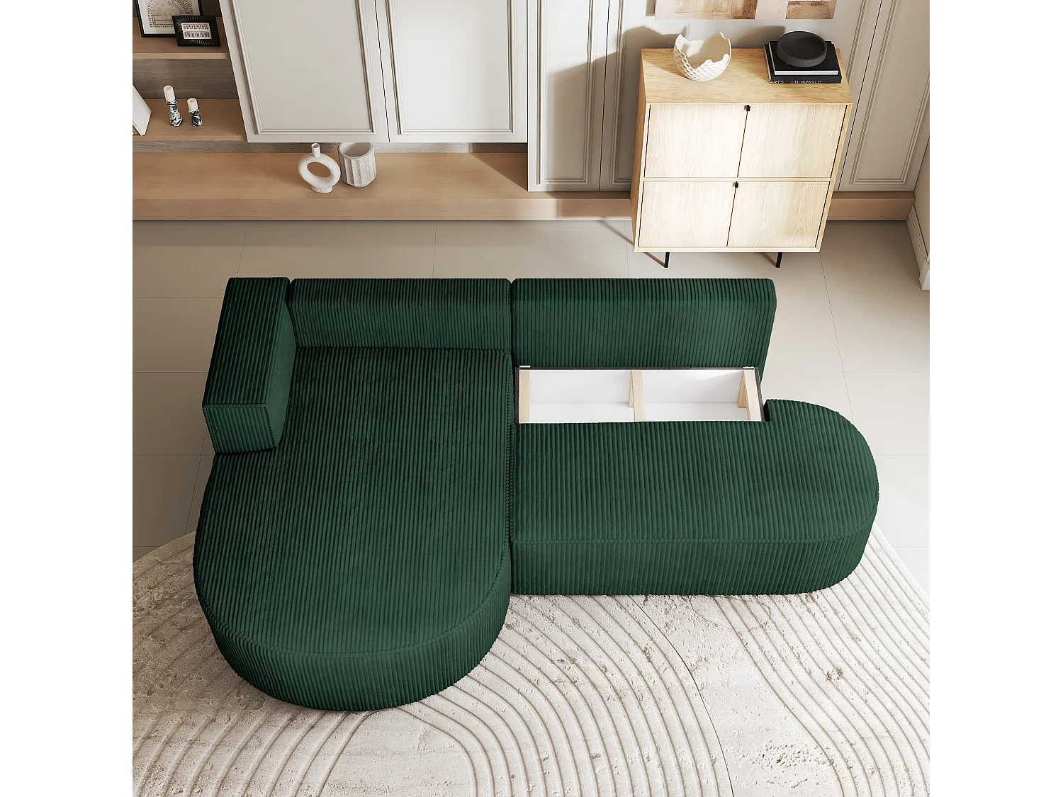 Canapé d'angle CORTIO Vert en velours côtelé avec fonction de couchage