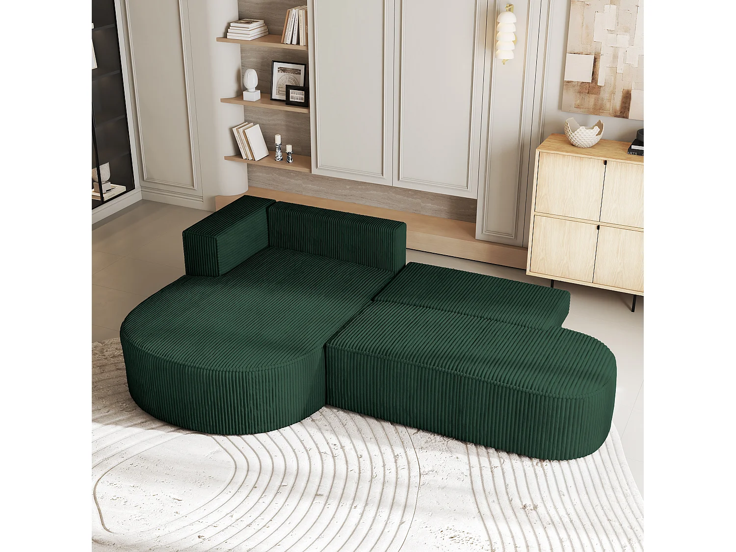 Canapé d'angle CORTIO Vert en velours côtelé avec fonction de couchage