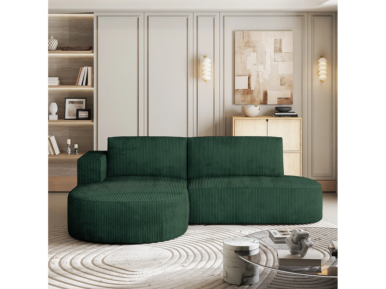 Canapé d'angle CORTIO Vert en velours côtelé avec fonction de couchage