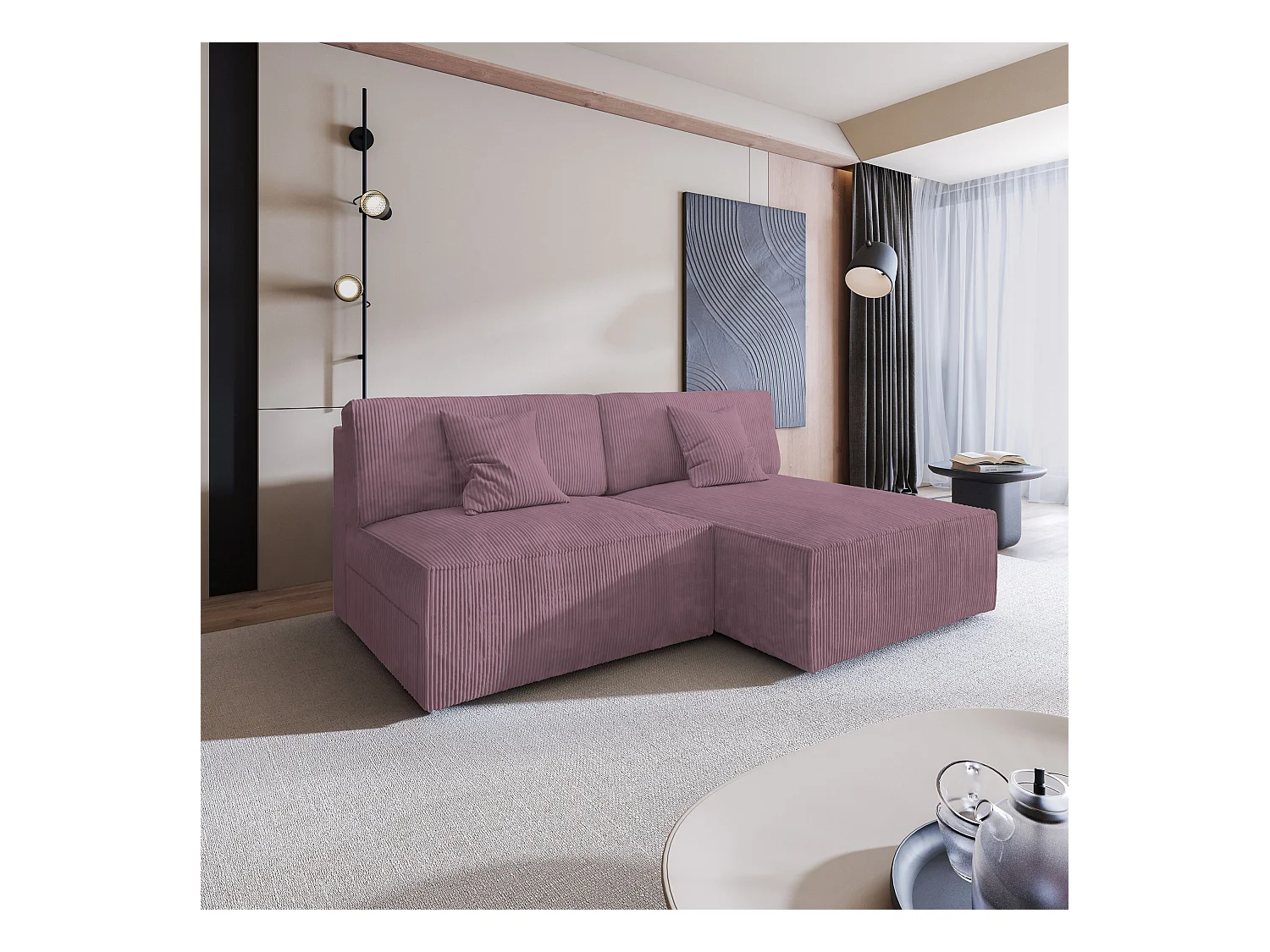 Canapé d'angle FIORO Parme en velours côtelé avec fonction de couchage