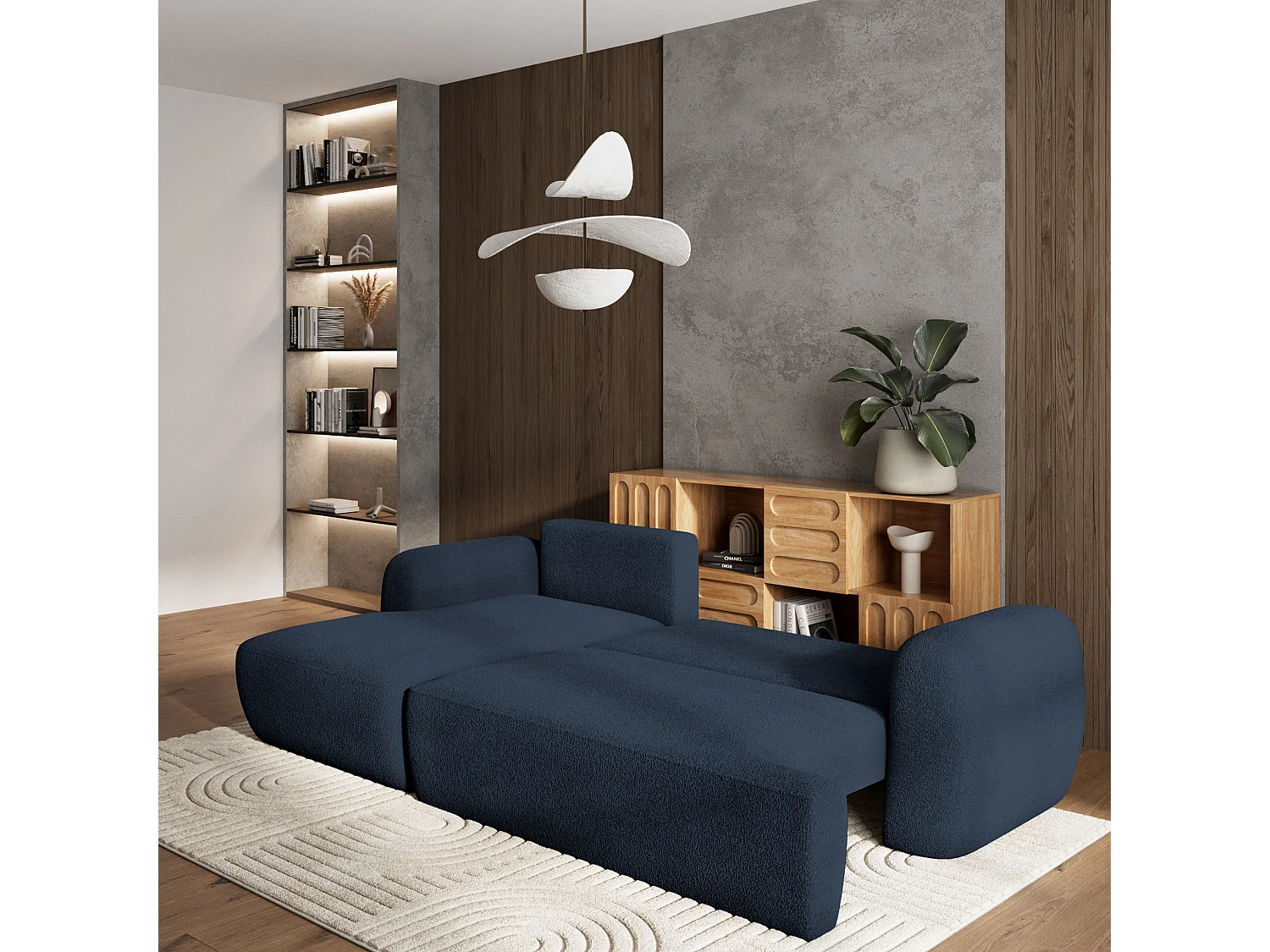 Canapé d'angle MODENZA Bleu en bouclé avec fonction de couchage