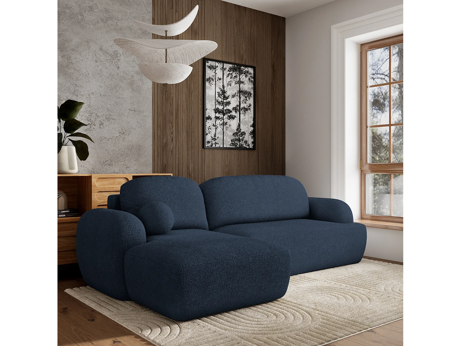 Canapé d'angle MODENZA Bleu en bouclé avec fonction de couchage