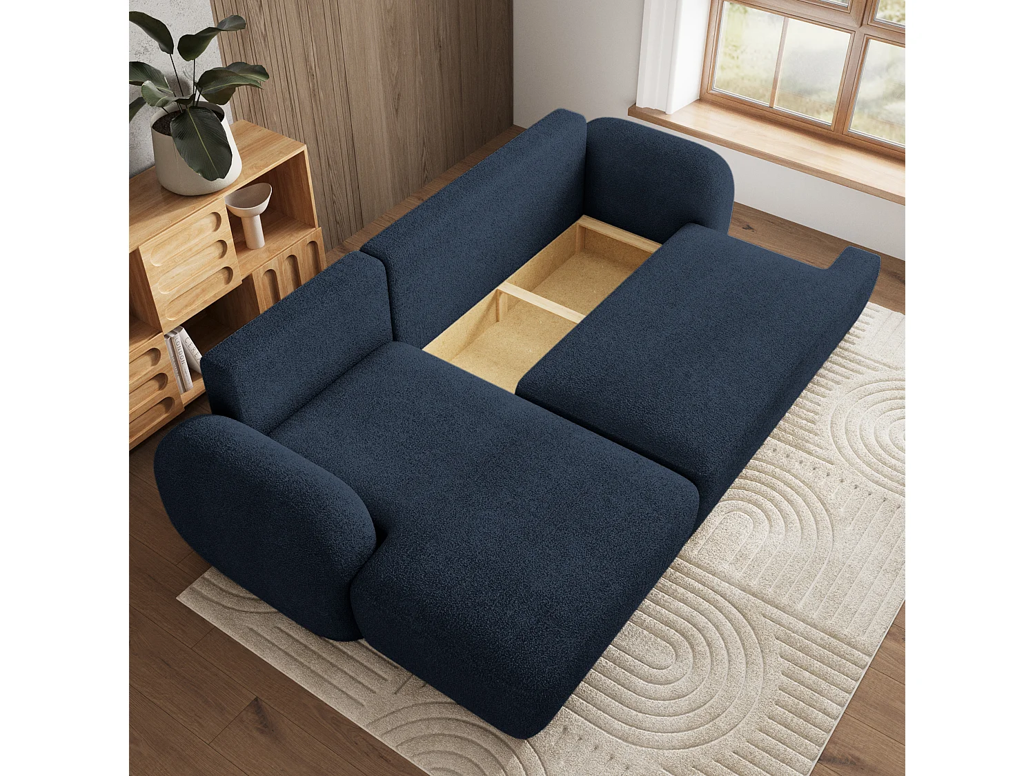 Canapé d'angle MODENZA Bleu en bouclé avec fonction de couchage