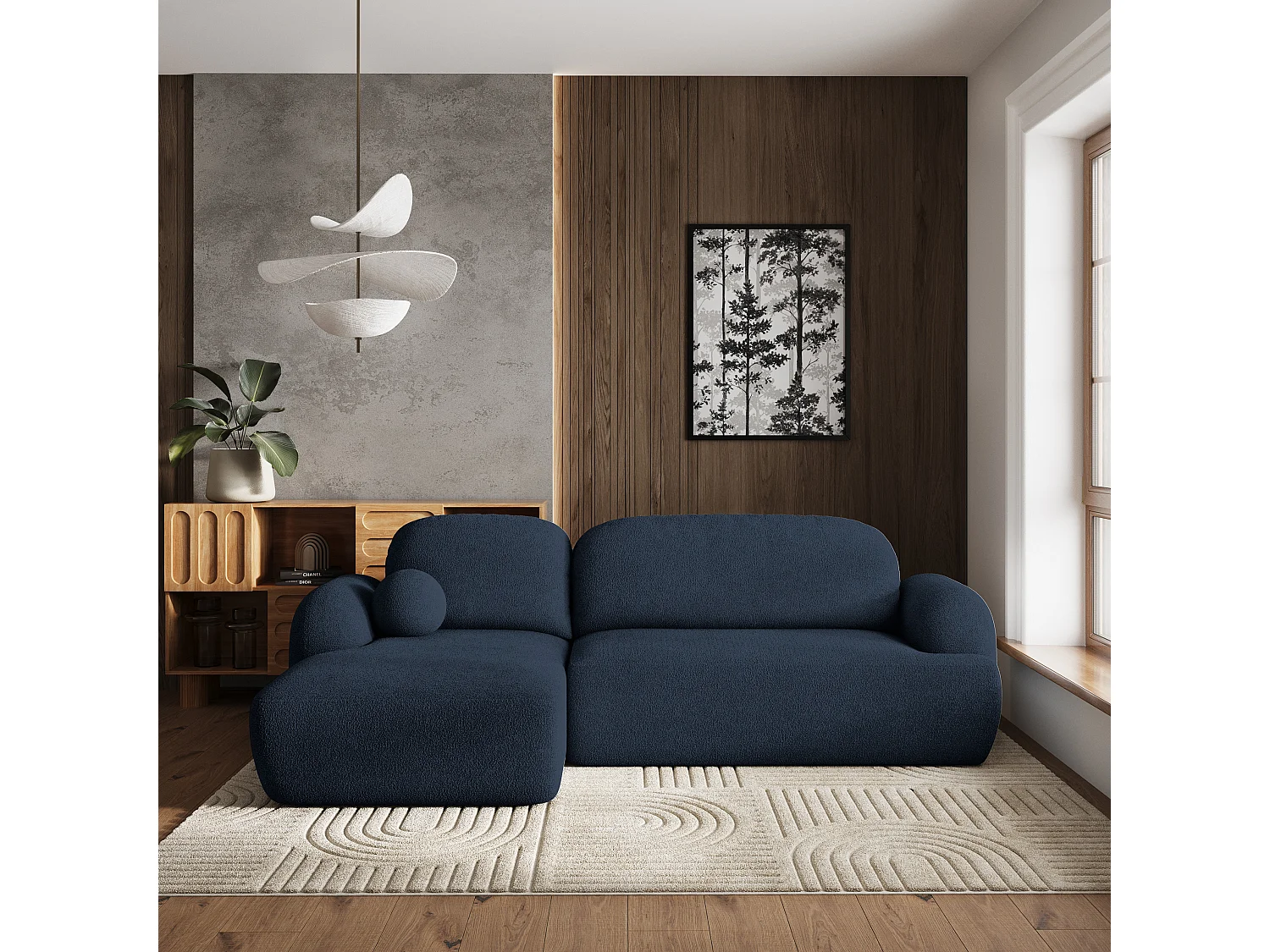 Canapé d'angle MODENZA Bleu en bouclé avec fonction de couchage