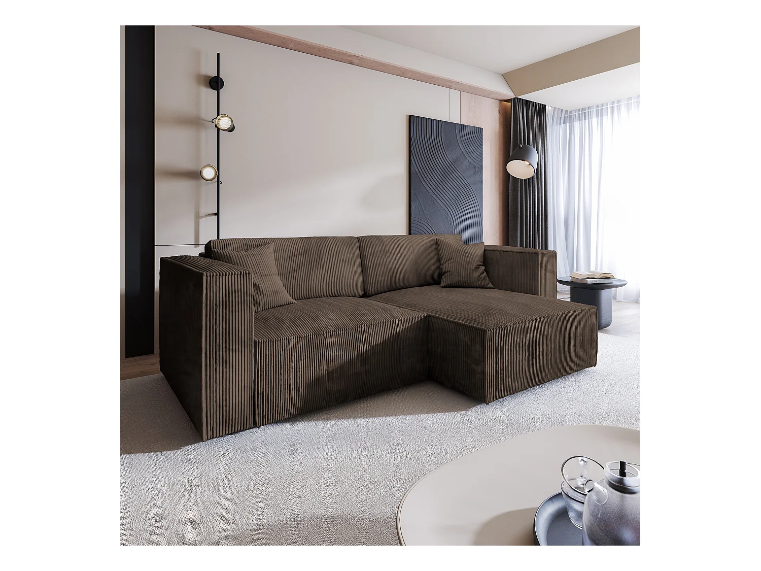 Canapé d'angle NERIO Marron en velours côtelé avec fonction de couchage