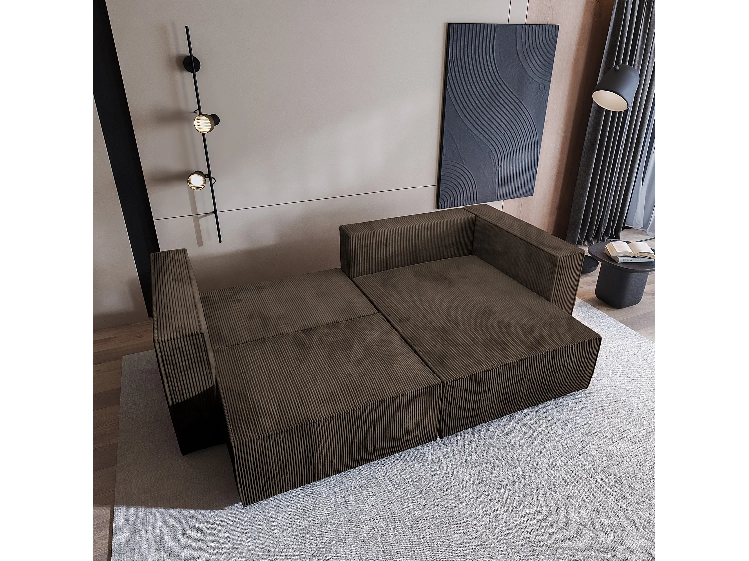 Canapé d'angle NERIO Marron en velours côtelé avec fonction de couchage