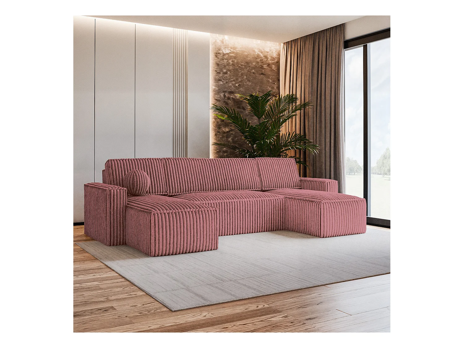 Canapé d'angle PESANO Rose poudré en velours côtelé avec fonction de couchage