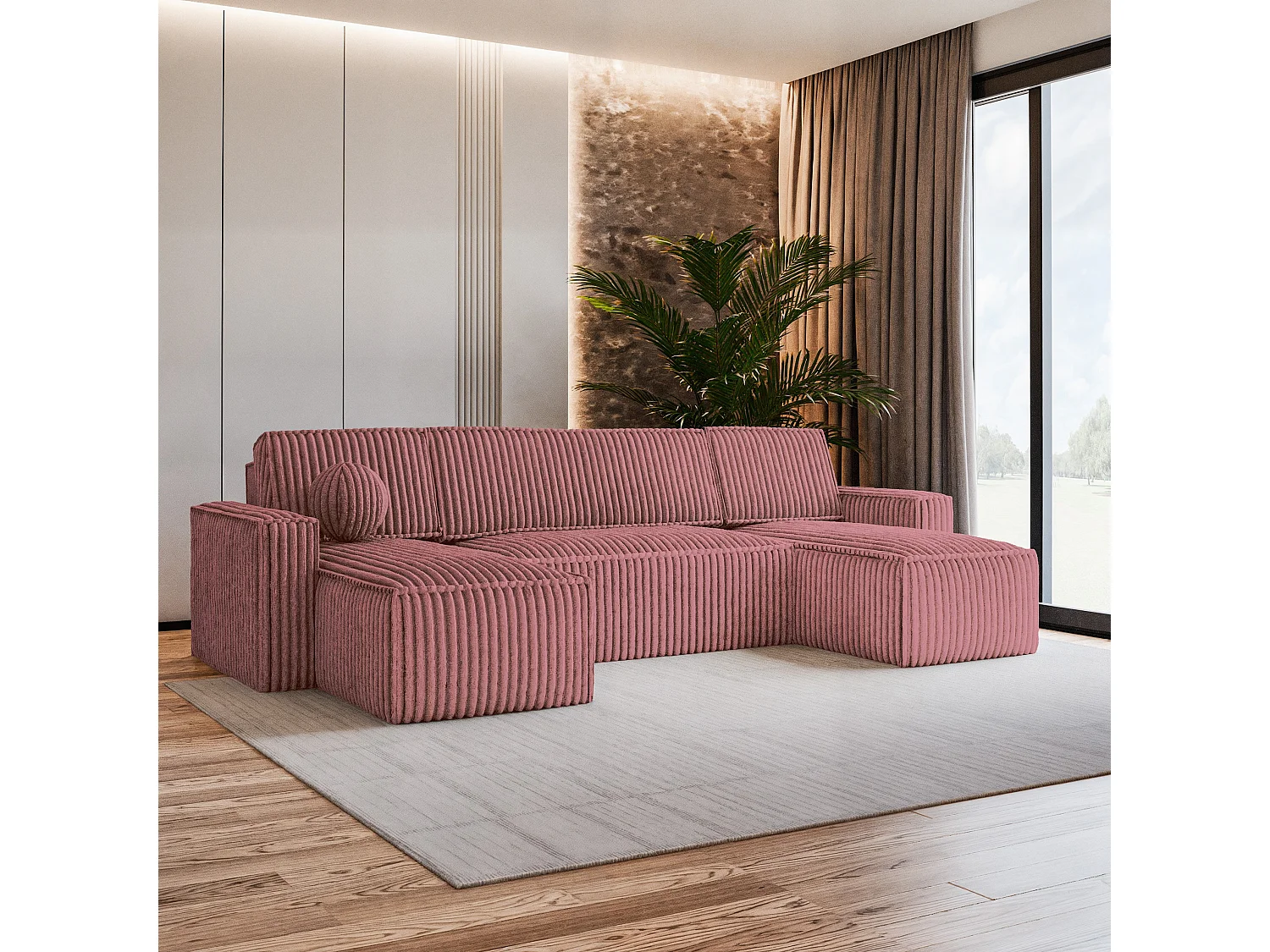 Canapé d'angle PESANO Rose poudré en velours côtelé avec fonction de couchage