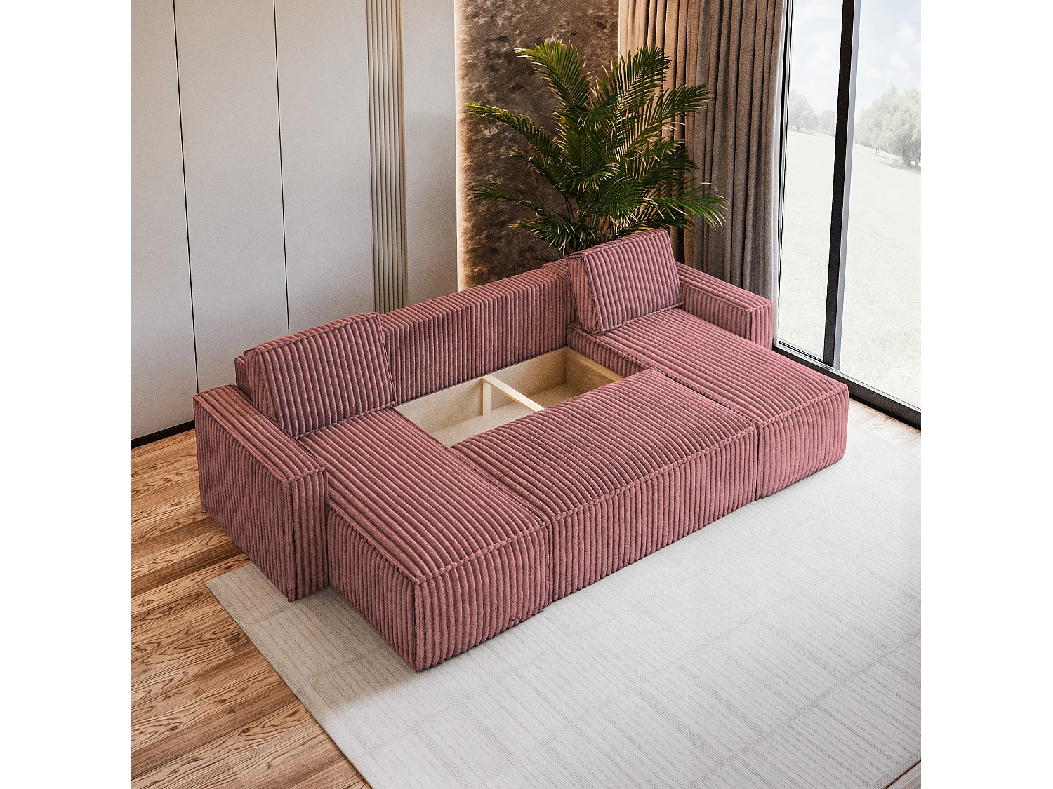 Canapé d'angle PESANO Rose poudré en velours côtelé avec fonction de couchage